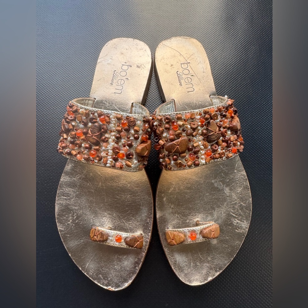Boheme Metallic Bronze Beaded Slide Sandals with Orange Accents size 7